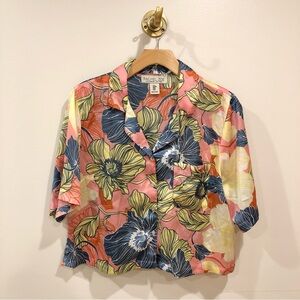 Rachel Zoe Floral Short Sleeve silky pajama Blouse button up camp shirt size M